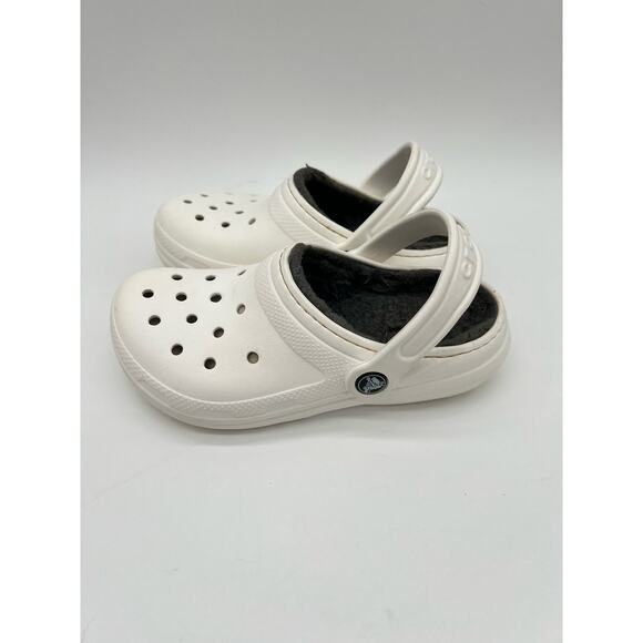 Crocs Sandals Clogs Shoes Kids Children’s 1 Lined Croc White Gray Fuzzy Insole - Picture 4 of 12